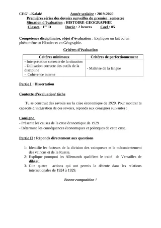 Première page de Histoire-Géographie 1ère D — Devoir surveillé, 1er semestre (2019-2020) · CEG1 Kalalé