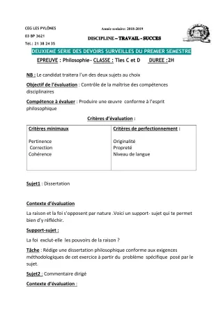 Première page de Philosophie 2nde A & B, 2nde C, 2nde D, 1ère A2, 1ère B, 1ère C, 1ère D, Tle A2, Tle B, Tle C, Tle D — 2e devoir surveillé, 1er semestre (2018-2019) · CEG Les Pylônes
