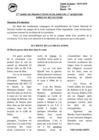 Première page de Français 6e, 5e, 4e, 4e ML, 4e ML&MC, 3e, 3e ML — 2e production scolaire, 1er semestre (2019-2020) · CEG II EKPE