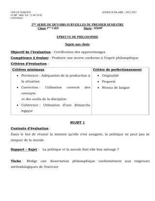 Première page de Philosophie 1ère C, 1ère D — 2e devoir surveillé, 1er semestre (2022-2023) · CEG LE NOKOUE
