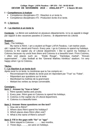 Première page de Anglais 5e — Devoir surveillé (2019-2020) · CPEG Roger LAFIA