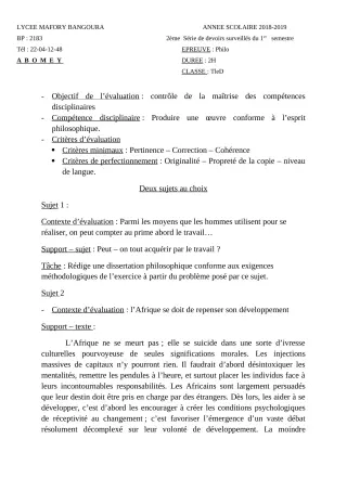 Première page de Philosophie Tle D — 2e devoir surveillé, 1er semestre (2018-2019) · Lycée Houegbadja d'Abomey (Ex Mafory Bangoura)