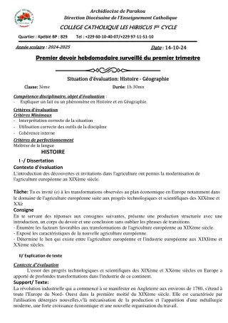 Première page de Histoire-Géographie 3e — 1er devoir surveillé, 1er trimestre (2024-2025) · Hibiscus 1er cycle