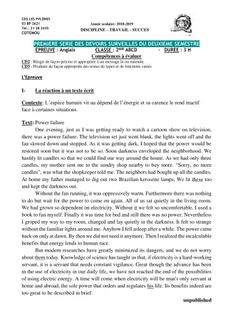 Première page de Anglais 2nde A & B, 2nde C, 2nde D, 1ère A2, 1ère B, 1ère C, 1ère D, Tle A2, Tle B, Tle C, Tle D — 1er devoir surveillé, 2e semestre (2018-2019) · CEG Les Pylônes
