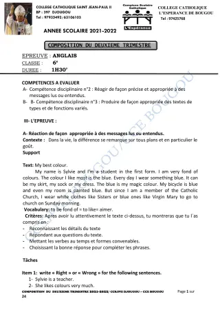 Première page de Anglais 6e, 5e, 4e, 4e ML, 3e, 3e ML, 2nde A1, 2nde A2, 2nde C, 2nde D, 1ère A1, 1ère A2, 1ère C, 1ère D, Tle A1, Tle A2, Tle C, Tle D — 2e composition, 2e trimestre (2021-2022) · CCJPII DJOUGOU