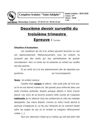 Première page de Français 6e, 5e, 4e, 4e ML, 3e, 3e ML — 2e devoir surveillé, 3e trimestre (2019-2020) · CPEG Saint Adolphe
