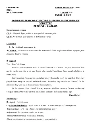 Première page de Anglais 5e — 1er devoir surveillé, 1er semestre (2020-2021) · CEG PAHOU
