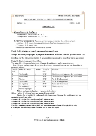 Première page de SVT 5e — 2e devoir surveillé, 1er semestre (2020-2021) · CEG SEKERE