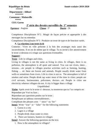 Première page de Anglais 5e — 2e devoir surveillé, 1er semestre (2019-2020) · CEG GAROU