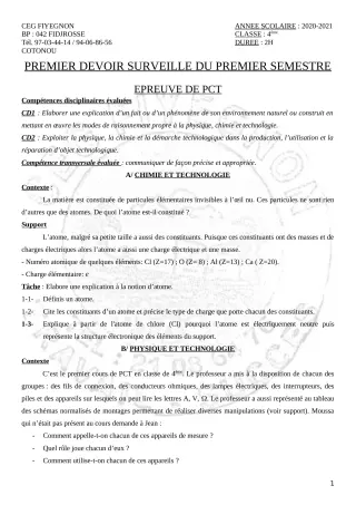 Première page de PCT 4e — 1er devoir surveillé, 1er semestre (2020-2021) · CEG FIYEGNON