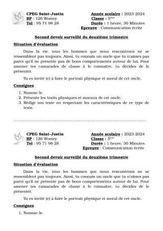 Première page de Français 5e — 2e devoir surveillé, 2e trimestre (2023-2024) · CPEG SAINT Justin