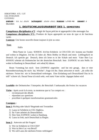 Première page de Devoir surveillé de ALLEMAND — 2nde A2, 2nde B — CEG FIYEGNON (2020)