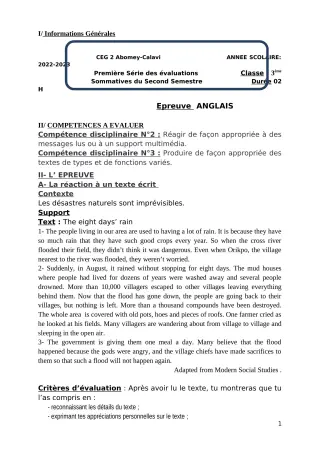 Première page de Anglais 3e — 1re évaluation sommative, 2e semestre (2022-2023) · CEG2 ABOMEY - CALAVI (CEG ZOCA)