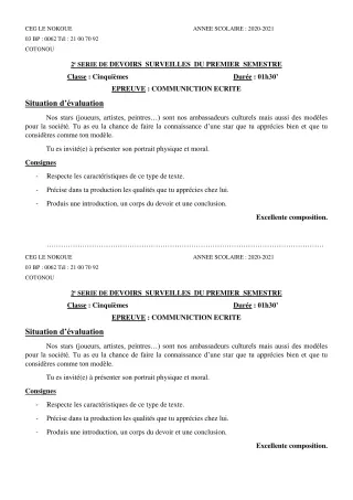Première page de Français 6e, 5e — 2e devoir surveillé, 1er semestre (2020-2021) · CEG LE NOKOUE