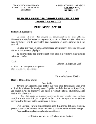Première page de Français 5e — 1er devoir surveillé, 1er semestre (2021-2022) · CEG Kouhounou-Vêdoko