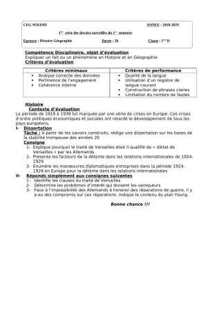 Première page de Histoire-Géographie 1ère D — 1er devoir surveillé, 1er semestre (2018-2019) · CEG SEKERE