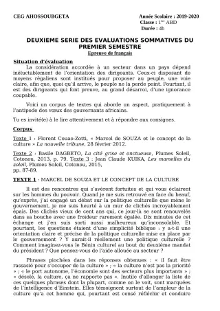 Première page de Français 1ère A2, 1ère B, 1ère D — 2e évaluation sommative, 1er semestre (2019-2020) · CEG Ahossougbéta