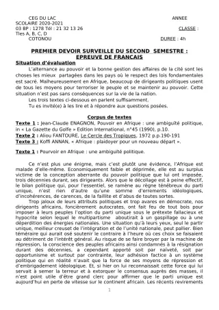 Première page de Français Tle A2, Tle B, Tle C, Tle D — 1er devoir surveillé, 2e semestre (2020-2021) · CEG du Lac