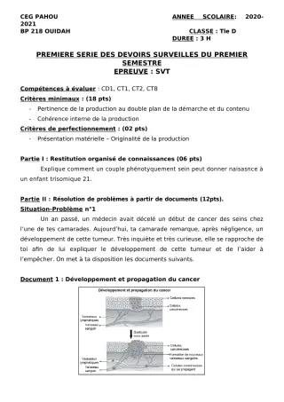 Première page de SVT Tle D — 1er devoir surveillé, 1er semestre (2020-2021) · CEG PAHOU