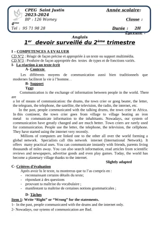 Première page de Anglais 4e, 2nde A2, 2nde B, 2nde C, 2nde D — 1er devoir surveillé, 2e trimestre (2023-2024) · CPEG SAINT Justin