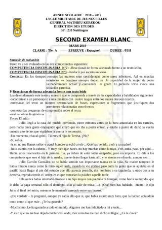 Première page de Devoir surveillé de ESPAGNOL — 2nde A2, 1ère A2, Tle A2 — LMJFGMK (2018)