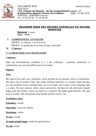 Première page de Anglais 6e, 5e, 4e ML&MC, 3e, 3e ML, 2nde A & B, 2nde C, 2nde D, 1ère A, 1ère B, 1ère C, 1ère D, Tle A2, Tle B, Tle C, Tle D — 2e devoir surveillé, 2e semestre (2018-2019) · CEG Sainte Rita