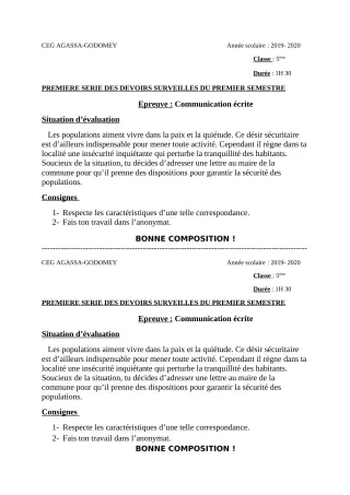 Première page de Français 5e — 1er devoir surveillé, 1er semestre (2019-2020) · CEG Agassa Godomey