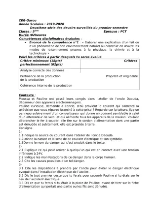 Première page de PCT 5e — 2e devoir surveillé, 1er semestre (2019-2020) · CEG GAROU