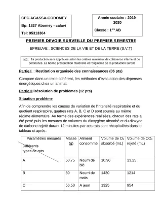 Première page de SVT 1ère A2 — 1er devoir surveillé, 1er semestre (2019-2020) · CEG Agassa Godomey