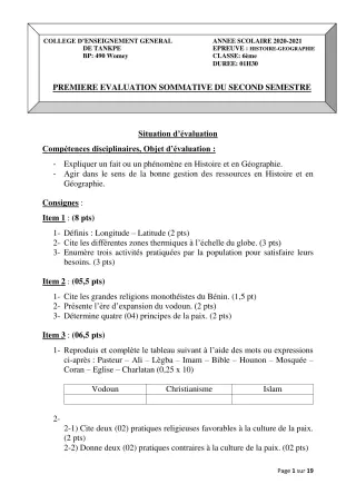 Première page de Histoire-Géographie 6e, 5e, 4e, 3e, 3e ML, 2nde A2, 2nde B, 2nde C, 2nde D, 1ère A2, 1ère B, 1ère C, 1ère D, Tle A1, Tle A2, Tle B, Tle C, Tle D — 1re évaluation sommative, 2e semestre (2020-2021) · C