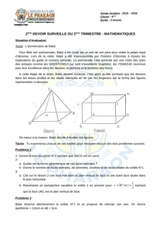 Première page de Mathématiques 4e, 4e ML — 2e devoir surveillé, 2e trimestre (2019-2020) · CPEG LE PHARAON