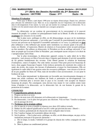 Première page de Français 3e, 3e ML — 1er devoir surveillé, 2e semestre (2019-2020) · CEG MAREGOUROU