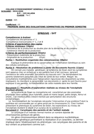 Première page de SVT 2nde C — 1re évaluation sommative, 1er semestre (2019-2020) · CEG1 Allada