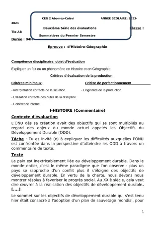 Première page de Histoire-Géographie Tle B — 2e évaluation sommative, 1er semestre (2023-2024) · CEG2 ABOMEY - CALAVI (CEG ZOCA)