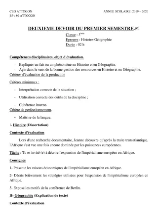 Première page de Histoire-Géographie 3e, 3e ML — 2e devoir surveillé, 1er semestre (2019-2020) · CEG Attogon