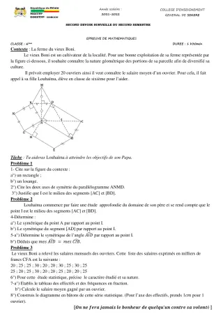 Première page de Mathématiques 6e — 2e devoir surveillé, 2e semestre (2021-2022) · CEG SEKERE