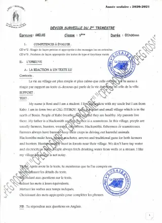 Première page de Anglais 5e — 1er devoir surveillé (2020-2021) · CPEG ROSAIRE