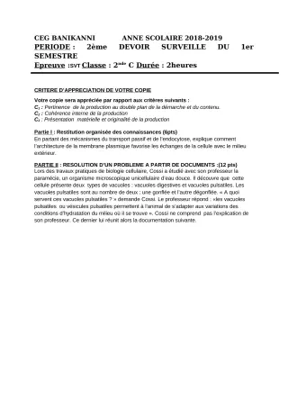 Première page de SVT 2nde C — 2e devoir surveillé (2018-2019) · CEG Banikanni