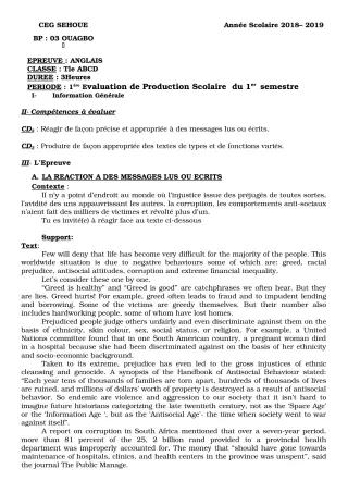 Première page de Anglais Tle A2, Tle B, Tle C, Tle D — 1re production scolaire, 1er semestre (2019-2020) · CEG SEHOUE