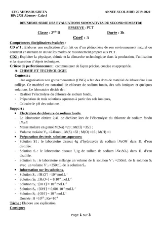 Première page de PCT 2nde D — 2e évaluation sommative, 2e semestre (2019-2020) · CEG Ahossougbéta
