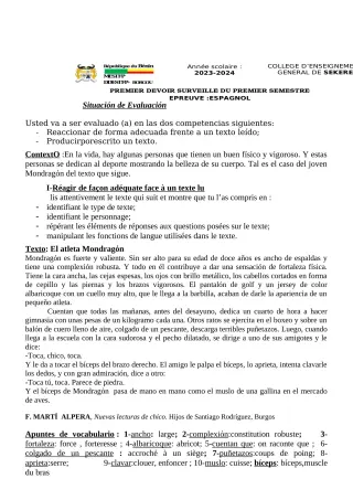 Première page de Espagnol 2nde A2 — 1er devoir surveillé, 1er semestre (2023-2024) · CEG SEKERE