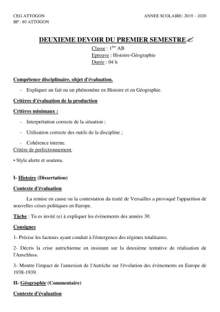 Première page de Histoire-Géographie 1ère A & B, 1ère A1, 1ère A2, 1ère B — 2e devoir surveillé, 1er semestre (2019-2020) · CEG Attogon