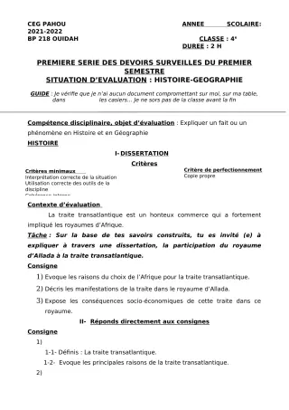 Première page de Histoire-Géographie 4e — 1er devoir surveillé, 1er semestre (2021-2022) · CEG PAHOU
