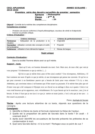 Première page de Philosophie 2nde A, 2nde A1, 2nde A2, 2nde B, 2nde C, 2nde D, 1ère A, 1ère A1, 1ère A2, 1ère C, 1ère D, Tle A1, Tle A2, Tle C, Tle D — 1er devoir surveillé, 1er semestre (2019-2020) · CEG1 APLAHOUE