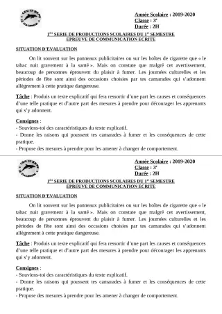Première page de Français 6e, 5e, 4e, 4e ML, 4e ML&MC, 3e, 3e ML — 1re production scolaire, 1er semestre (2019-2020) · CEG II EKPE
