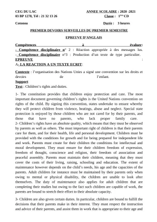 Première page de Anglais 1ère C, 1ère D — 1er devoir surveillé, 1er semestre (2020-2021) · CEG du Lac