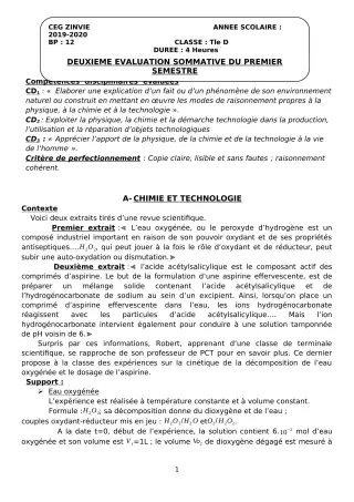 Première page de PCT Tle D — 2e évaluation sommative, 1er semestre (2019-2020) · CEG Zinvié