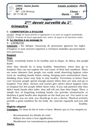 Première page de Anglais 4e, 2nde A2, 2nde B, 2nde C, 2nde D — 2e devoir surveillé, 1er trimestre (2023-2024) · CPEG SAINT Justin