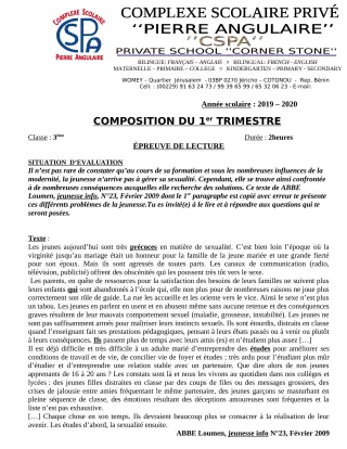 Première page de Français 3e, 3e ML — Composition, 1er trimestre (2019-2020) · CPEG PIERRE ANGULAIRE