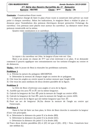 Première page de Mathématiques 4e ML&MC — 1er devoir surveillé, 1er semestre (2019-2020) · CEG MAREGOUROU